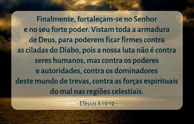 Finalmente, fortaleçam-se no Senhor e no seu forte poder. Vistam toda a armadura de Deus, para poderem ficar firmes contra as ciladas do Diabo, pois a nossa luta não é contra seres humanos, mas contra os poderes e autoridades, contra os dominadores deste mundo de trevas, contra as forças espirituais do mal nas regiões celestiais. Efésios 6:10-12