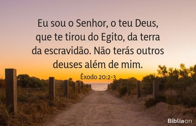 Eu sou o Senhor, o teu Deus, que te tirou do Egito, da terra da escravidão. Não terás outros deuses além de mim. Êxodo 20:2-3