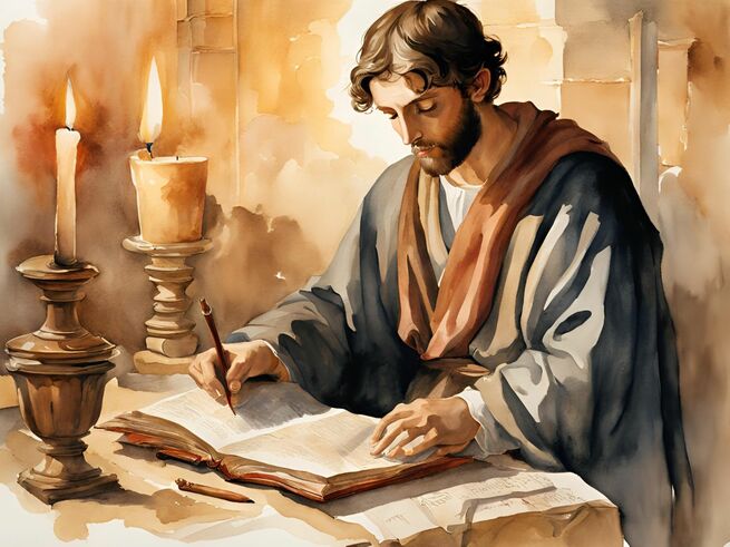 Imagen generada por IA, representación del evangelista Lucas, hombre escribiendo en un pergamino