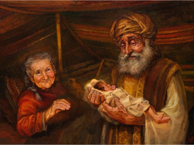Imagem de Sara e Abraão já velhos segurando um bebê nos braços