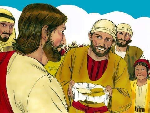 Multiplicação de pães e peixes - Jesus, os discípulos e 5 pães e 2 peixinhos de um menino