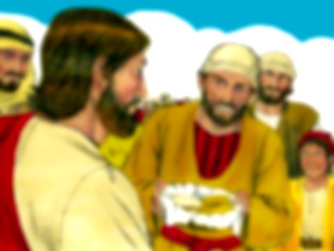 Multiplicação de pães e peixes - Jesus, os discípulos e 5 pães e 2 peixinhos de um menino