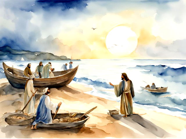 Imagem gerada por IA - Representação de Jesus chamando pescadores nos barcos na praia