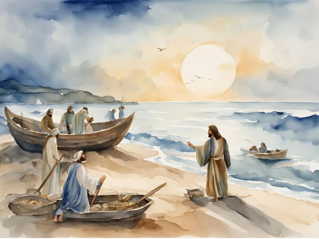 Imagem gerada por IA - Representação de Jesus chamando pescadores nos barcos na praia