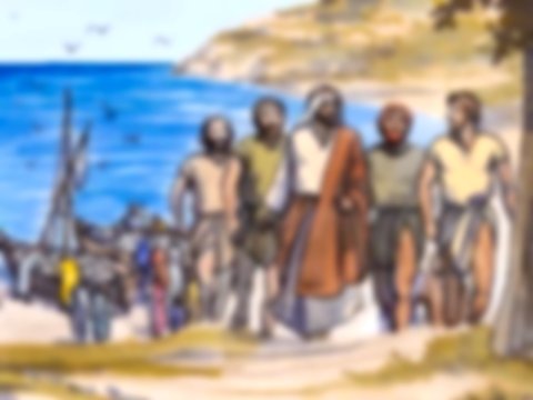 Jesus seguido por alguns homens, no fundo barcos cheios de peixes e o mar