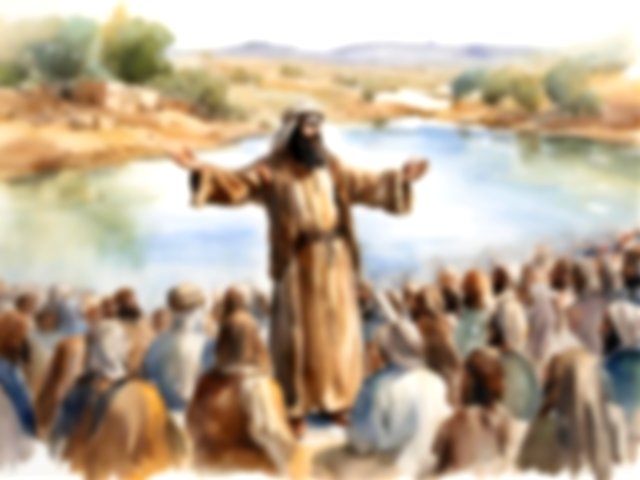 João Batista à beira do rio Jordão, falando à multidão