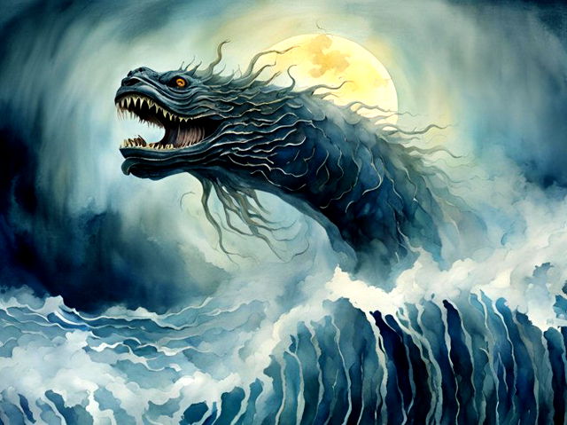 A giant, untamable sea monster, incredibly strong, with scales like shields. It churns the sea as it moves and breathes fire from its mouth.