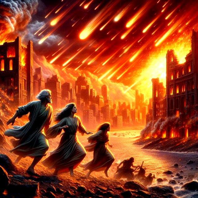 Representação da destruição de Sodoma e Gomorra, Lo e a família fogem (imagem gerada com AI)