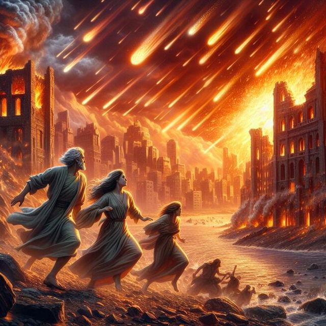 Representação da destruição de Sodoma e Gomorra, Lo e a família fogem (imagem gerada com AI)