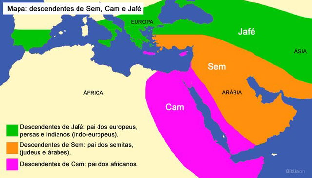 Mapa de descendentes de Noé: Sem, Cam e Jafé