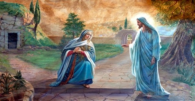 Imagem de Maria perante Jesus, na sua ressurreição - túmulo vazio ao fundo