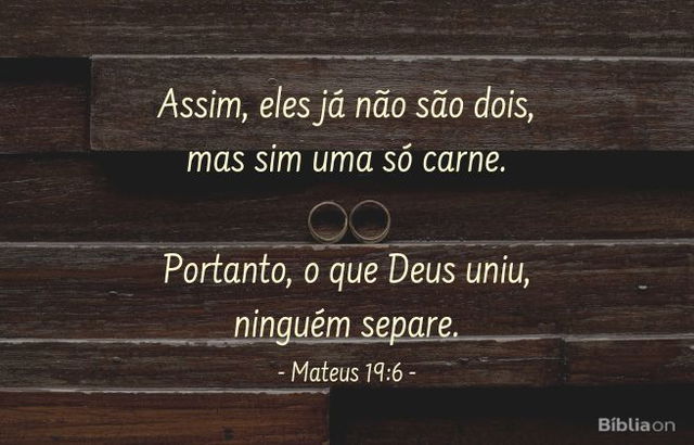 Assim, eles já não são dois, mas sim uma só carne. Portanto, o que Deus uniu, ninguém separe. Mateus 19:6