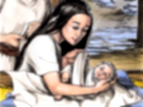Maria envolve o bebê Jesus em alguns panos e coloca-o numa manjedoura