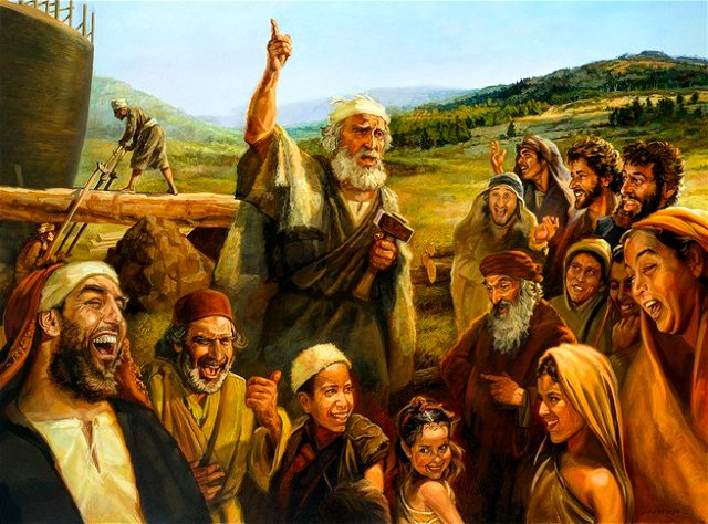 Imagem de Noé advertindo o povo sobre a justiça de Deus - 2 Pedro 2:5.  Ao fundo a arca sendo construída