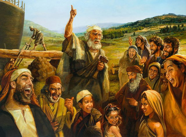 Imagem de Noé advertindo o povo sobre a justiça de Deus - 2 Pedro 2:5. Ao fundo a arca sendo construída