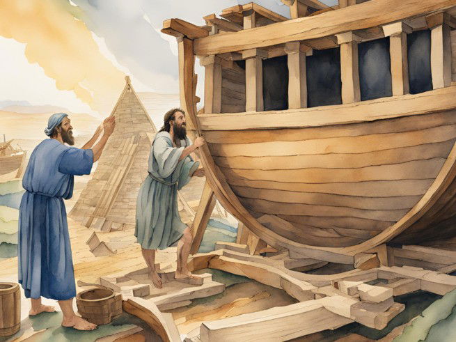 Imagen generada por IA, de dos hombres construyendo el arca de madera - representación de Noé y su hijo