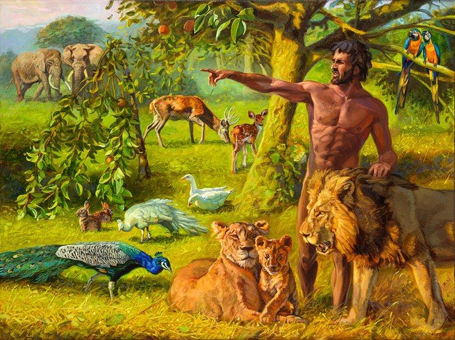 Imagem alusiva ao Jardim do Éden, com animais e o homem convivendo em paz