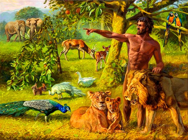 Imagem alusiva ao Jardim do Éden, com animais e o homem convivendo em paz