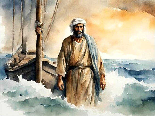 Imagem de Pedro, no mar, deixando o barco ao fundo, atende ao chamado de Jesus