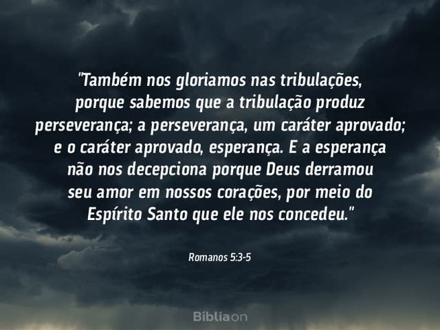Também nos gloriamos nas tribulações, porque sabemos que a tribulação produz perseverança; a perseverança, um caráter aprovado; e o caráter aprovado, esperança. E a esperança não nos decepciona, porque Deus derramou seu amor em nossos corações, por meio do Espírito Santo que ele nos concedeu. Romanos 5:3-5