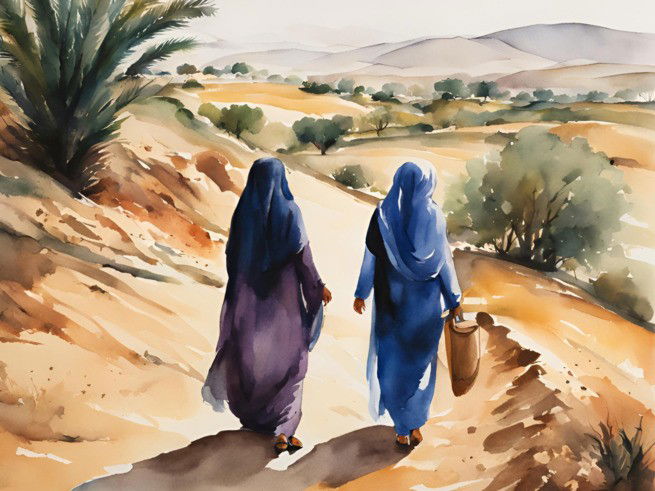 Representación de Rut y Noemí, camino a Belén