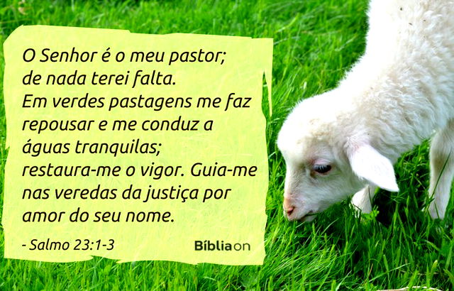 O Senhor é o meu pastor; de nada terei falta. Em verdes pastagens me faz repousar e me conduz a águas tranquilas; restaura-me o vigor. Guia-me nas veredas da justiça por amor do seu nome. Salmo 23:1-3