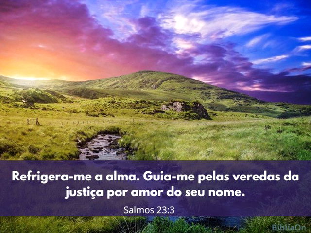 Salmos 23:1-6 O SENHOR é o meu pastor; nada me faltará. Ele me faz repousar  em pastos verdejantes. Leva-me para junto das águas de descanso;  refrigera-me a alma. Guia-me pelas veredas da