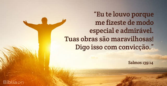 Eu te louvo porque me fizeste de modo especial e admirável. Tuas obras são maravilhosas! Digo isso com convicção. Salmos 139:14