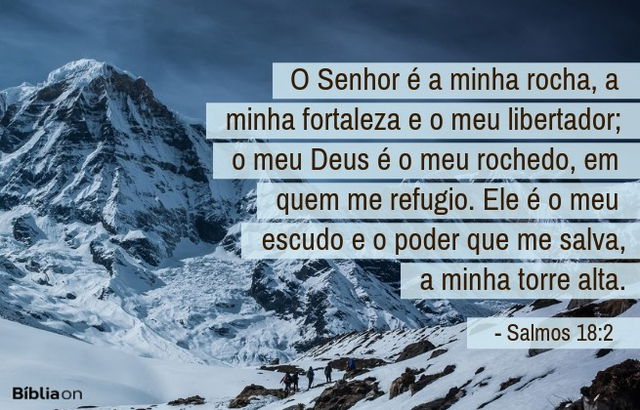 O Senhor é a minha rocha, a minha fortaleza e o meu libertador; o meu Deus é o meu rochedo, em quem me refugio. Ele é o meu escudo e o poder que me salva, a minha torre alta. Salmos 18:2