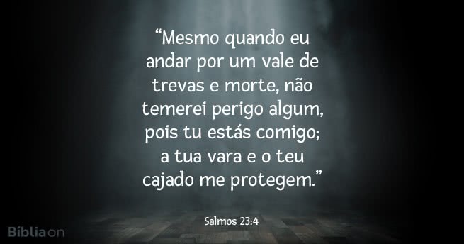 Mesmo quando eu andar por um vale de trevas e morte, não temerei perigo algum, pois tu estás comigo; a tua vara e o teu cajado me protegem. Salmos 23:4