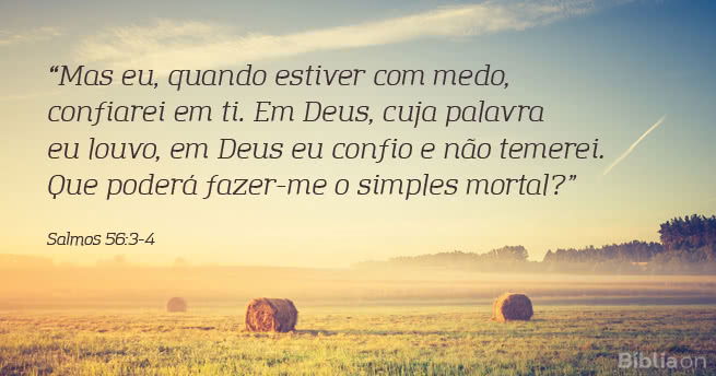 Mas eu, quando estiver com medo, confiarei em ti. Em Deus, cuja palavra eu louvo, em Deus eu confio e não temerei. Que poderá fazer-me o simples mortal? Salmos 56:3-4