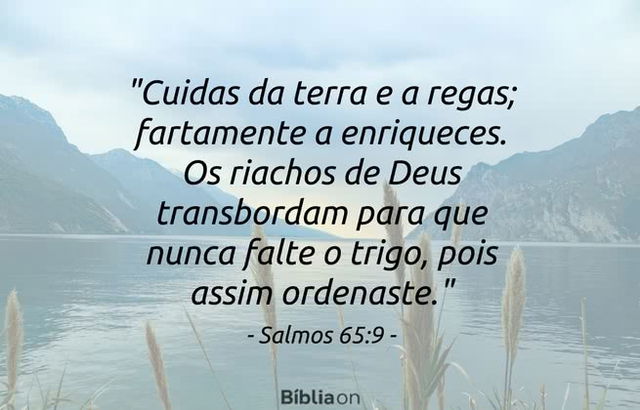 Cuidas da terra e a regas; fartamente a enriqueces. Os riachos de Deus transbordam para que nunca falte o trigo, pois assim ordenaste. Salmos 65:9