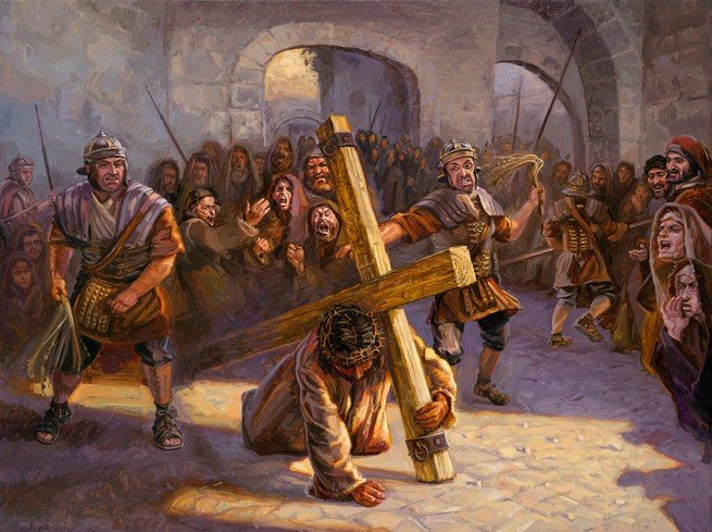 Imagem de Jesus sendo golpeado, carregando a cruz a caminho do Gólgota