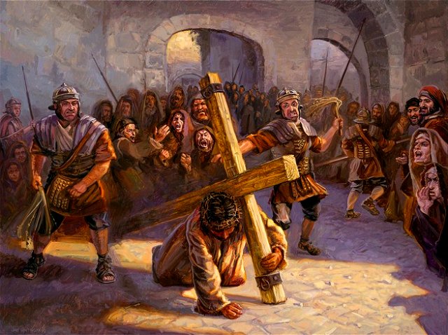 Imagem de Jesus sendo golpeado, carregando a cruz a caminho do Gólgota